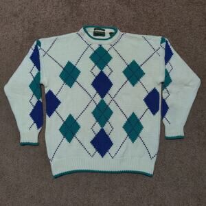 Vintage Embassy Row‎ Sweater Mens Large Argyle Cotton Retro Preppy Diamond White